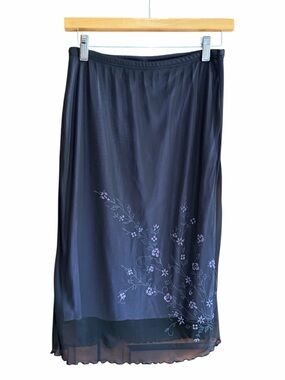 Vintage Y2K Slip Skirt Black Purple Floral Mesh Overlay S
